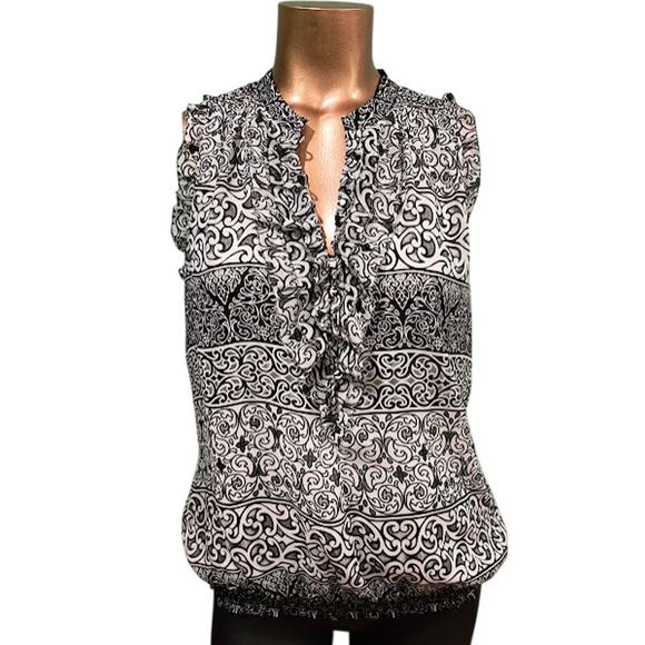 White House Black Market Tops - White House Black Market Blk & Wht Sleeveless Ruffled Top with Button Neck, Sz S